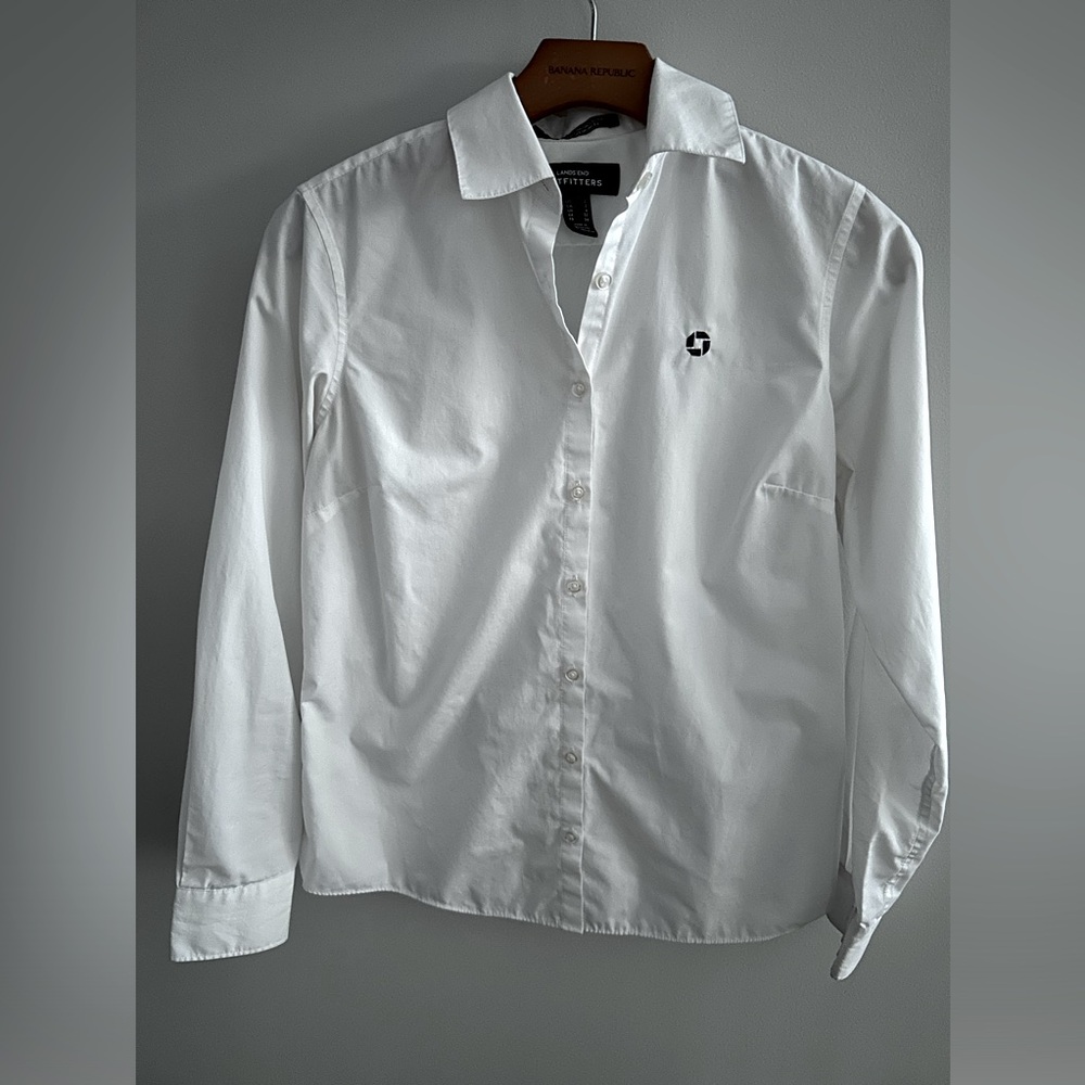 Land's End Chase Bank Uniform Logo White Button Down Shirt